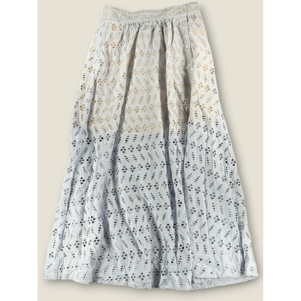 Lilla P Women Blue Eyelet Cotton Maxi Skirt Button Front Boho Lined Small
